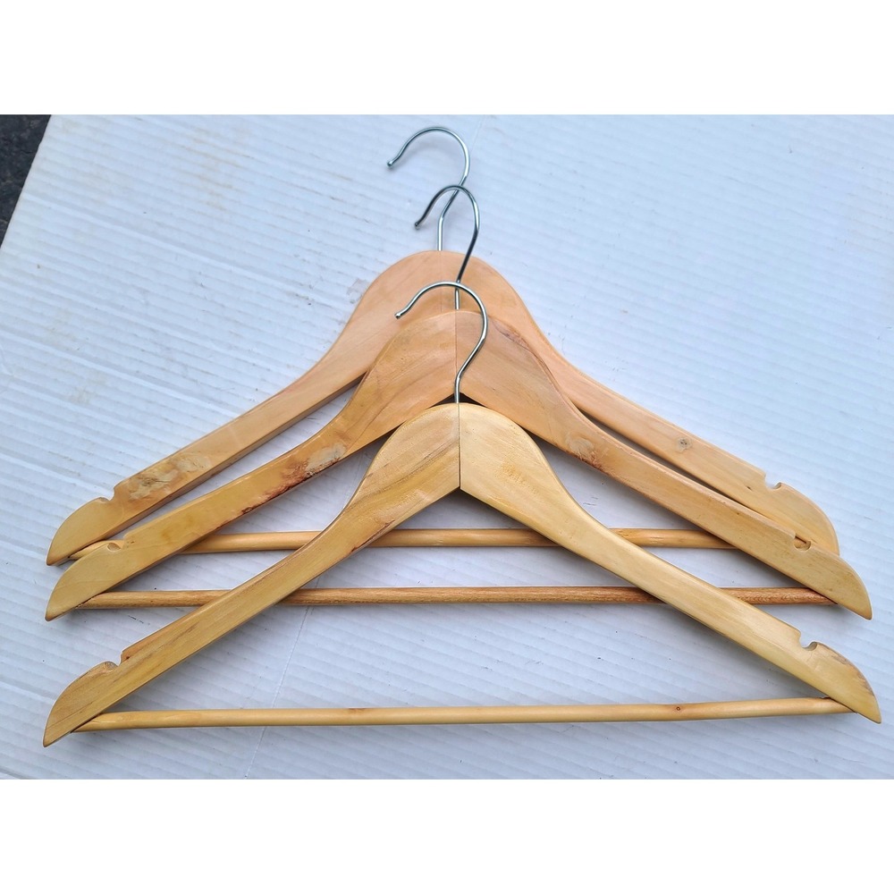 Set of 3 Natural Wood Clothes Hangers with Swivel Hook Pant Bar and Notches